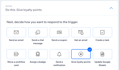 A screenshot of Give loyalty points selected as the automation action.