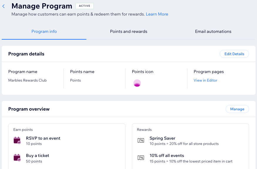 A screenshot of the Loyalty Program Manage Program section of the dashboard.