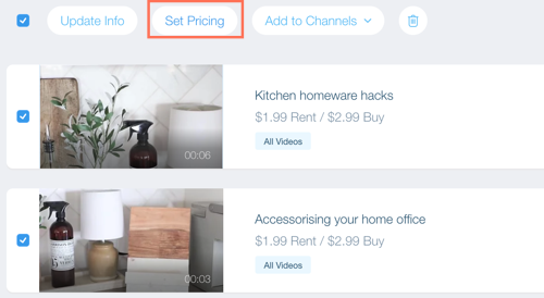 A screenshot of the Set Pricing button in the Video Library.