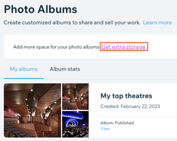 A screenshot of the link to get more storage at the top of a Photo Albums page.