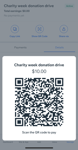 Wix uygulamasındaki bir ödeme bağlantısı QR kodunun ekran görüntüsü.
