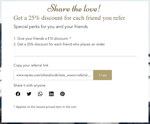 A screenshot of a referral program on a live site.