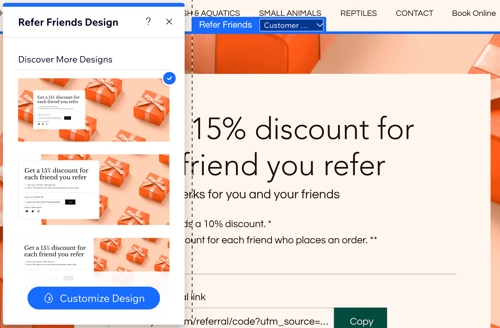 A screenshot of a Refer Friends site page being customized.