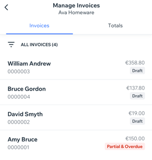 A screenshot of the Invoices screen in the Wix Owner app.