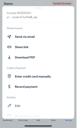 A screenshot of the manage invoices options in the Wix Owner app.