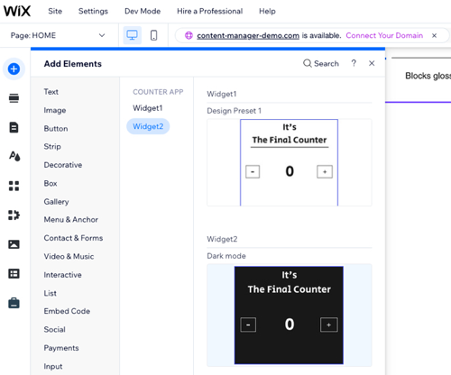 A screenshot of widgets in the All Elements panel in the Editor.