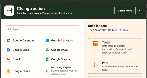 A screenshot of the Change Action pop-up in Zapier.