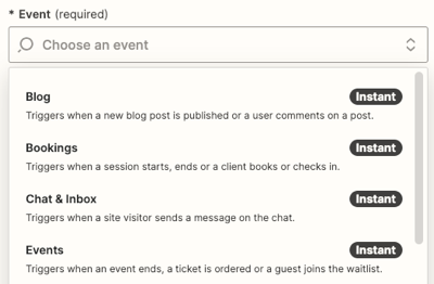 A screenshot of the event selection in Zapier.