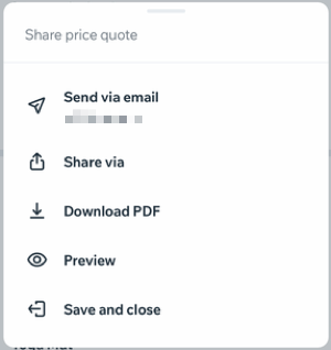 Une capture d'écran des options de devis de partage.