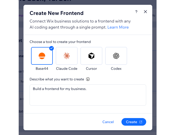 Wix Headless に、「新しいフロントエンドを作成」のポップアップが表示されている様子を示したスクリーンショット。