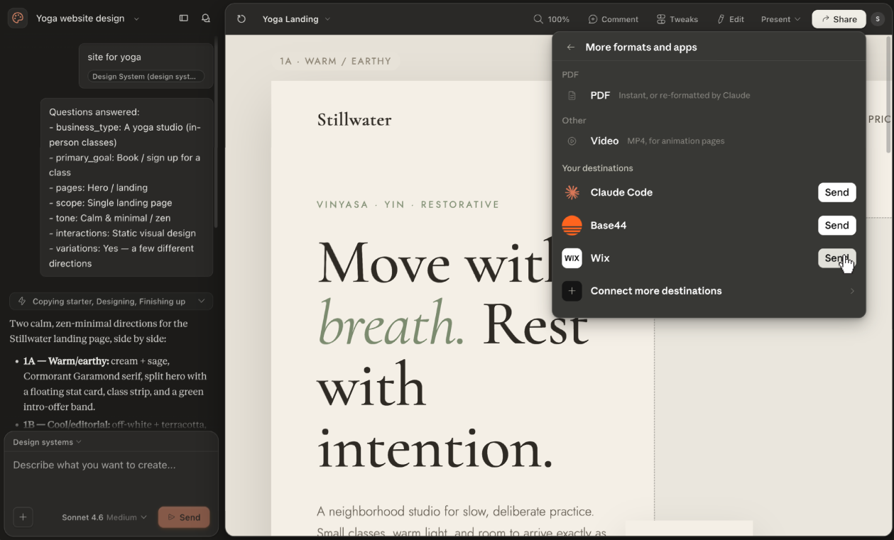 A screenshot of sending a design to Wix in Claude Design.