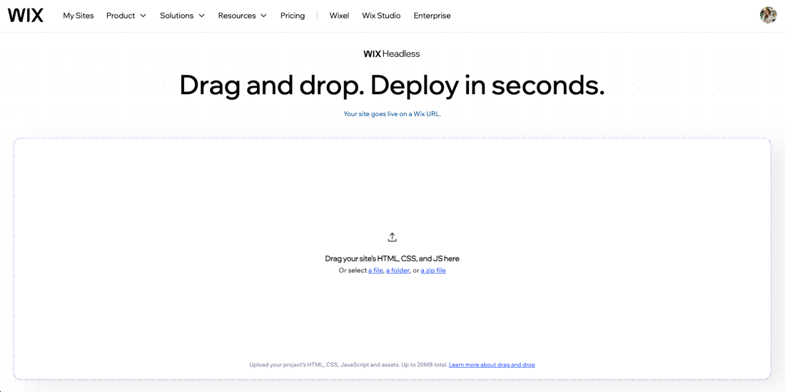 A screenshot of the landing page for dragging site files into Wix Headless.