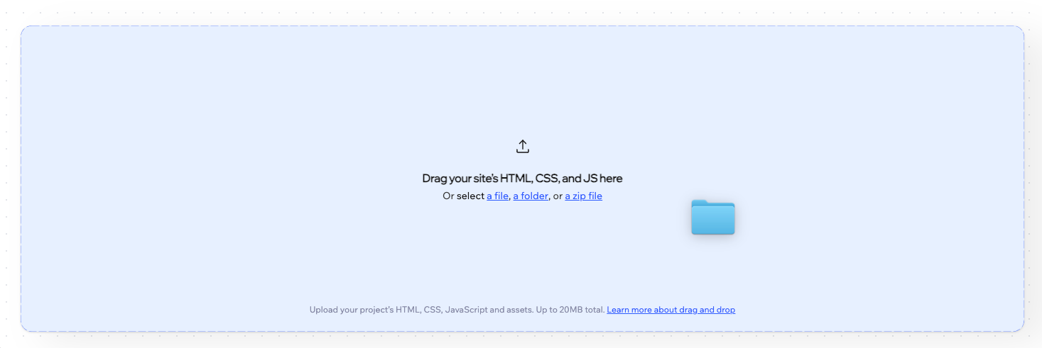 A screenshot of dragging site files into the Wix Headless landing page.