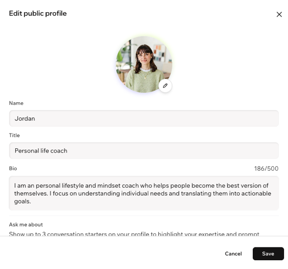 A screenshot of the Edit public profile window.