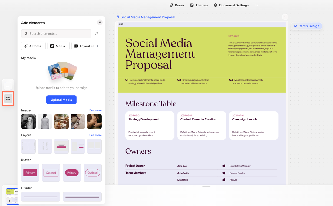 A screenshot of the Add elements panel for a document in Wixel.