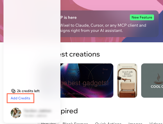 Wixel の「クレジットを追加」ボタンのスクリーンショット。