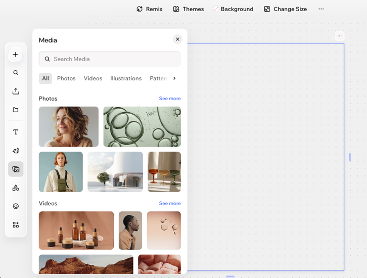 Capture d'écran du panneau Média dans la barre d'outils de Wixel.
