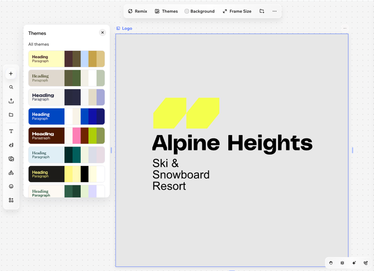 A screenshot of a logo with the Themes panel open in Wixel.