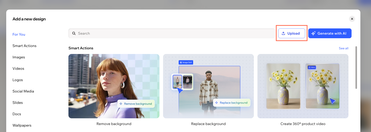 Ein Screenshot des Upload-Buttons in Wixel.