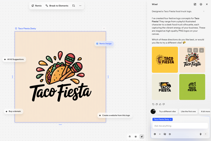 A screenshot showing AI-generated logo options in Wixel.