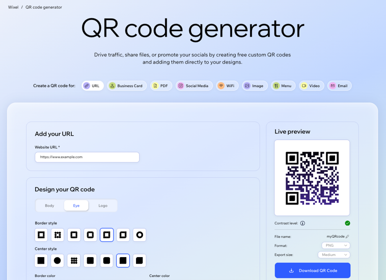A screenshot of the marketing landing page for the QR code generator.