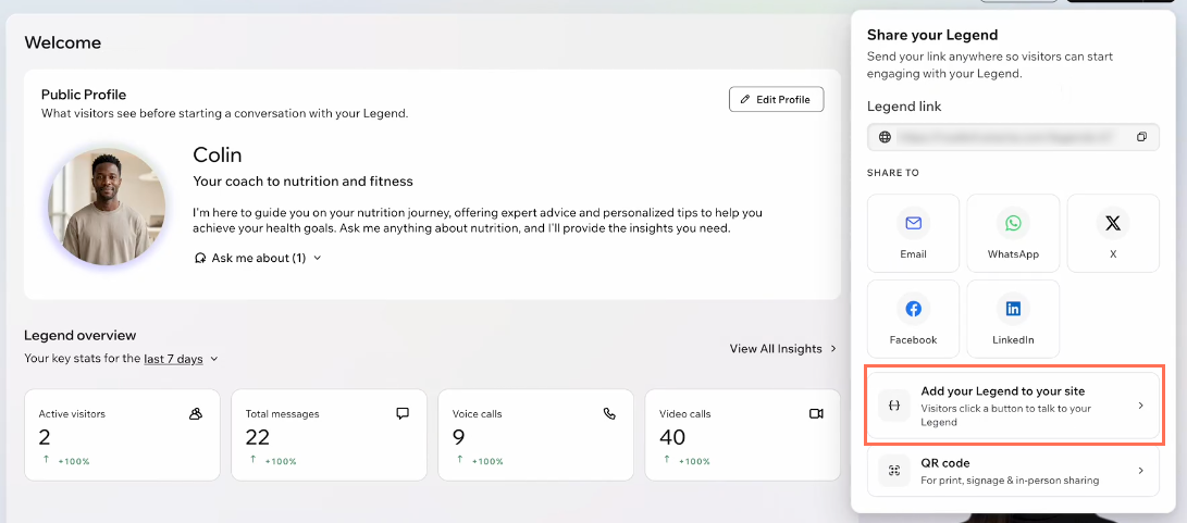 A screenshot of the Add legend to your site button highlighted in Wix Legends.