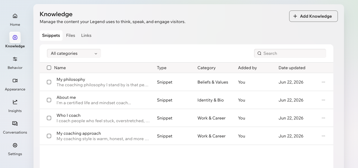 A screenshot of the Knowledge tab in Wix Legends.