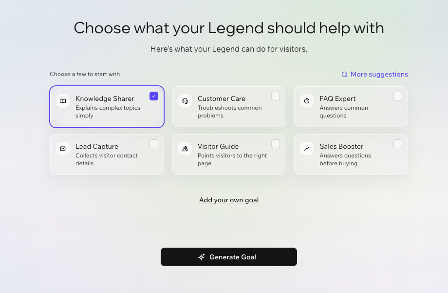 A screenshot showing options for the Legends goals in the Wix Legends onboarding.