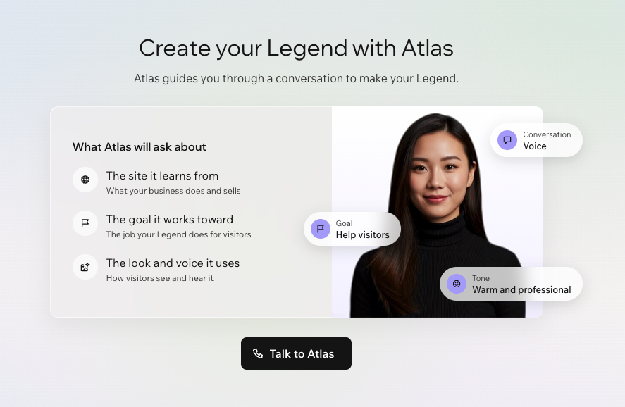A screenshot of introducing Atlas in the Wix Legends onboarding.