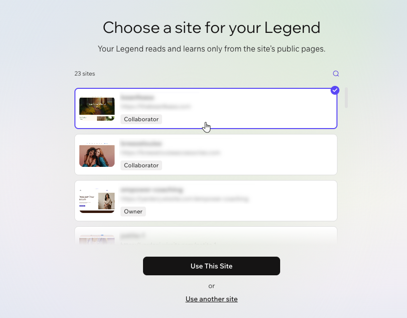 A screenshot of choosing a site in the Wix Legends onboarding.