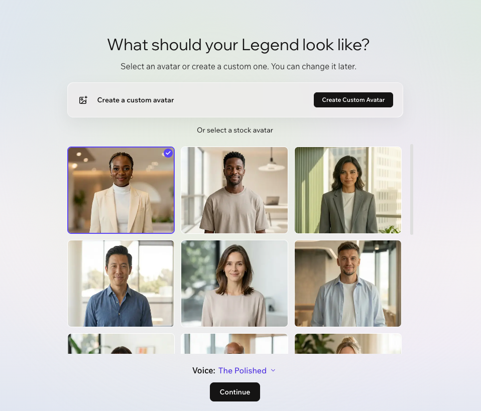 A screenshot of choosing an avatar in Wix Legends.
