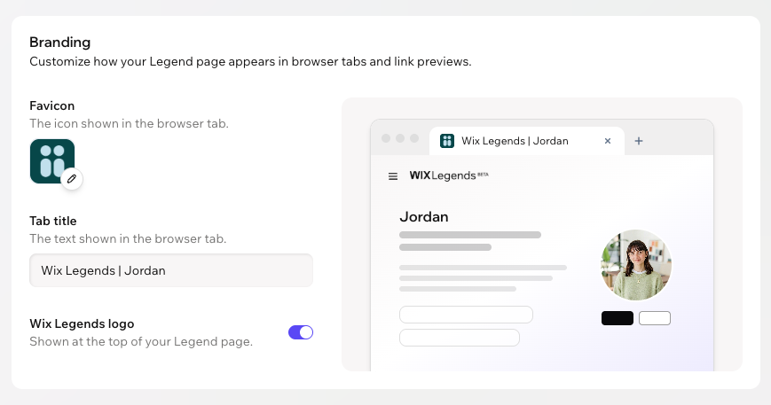 A screenshot of the Branding settings in Wix Legends.
