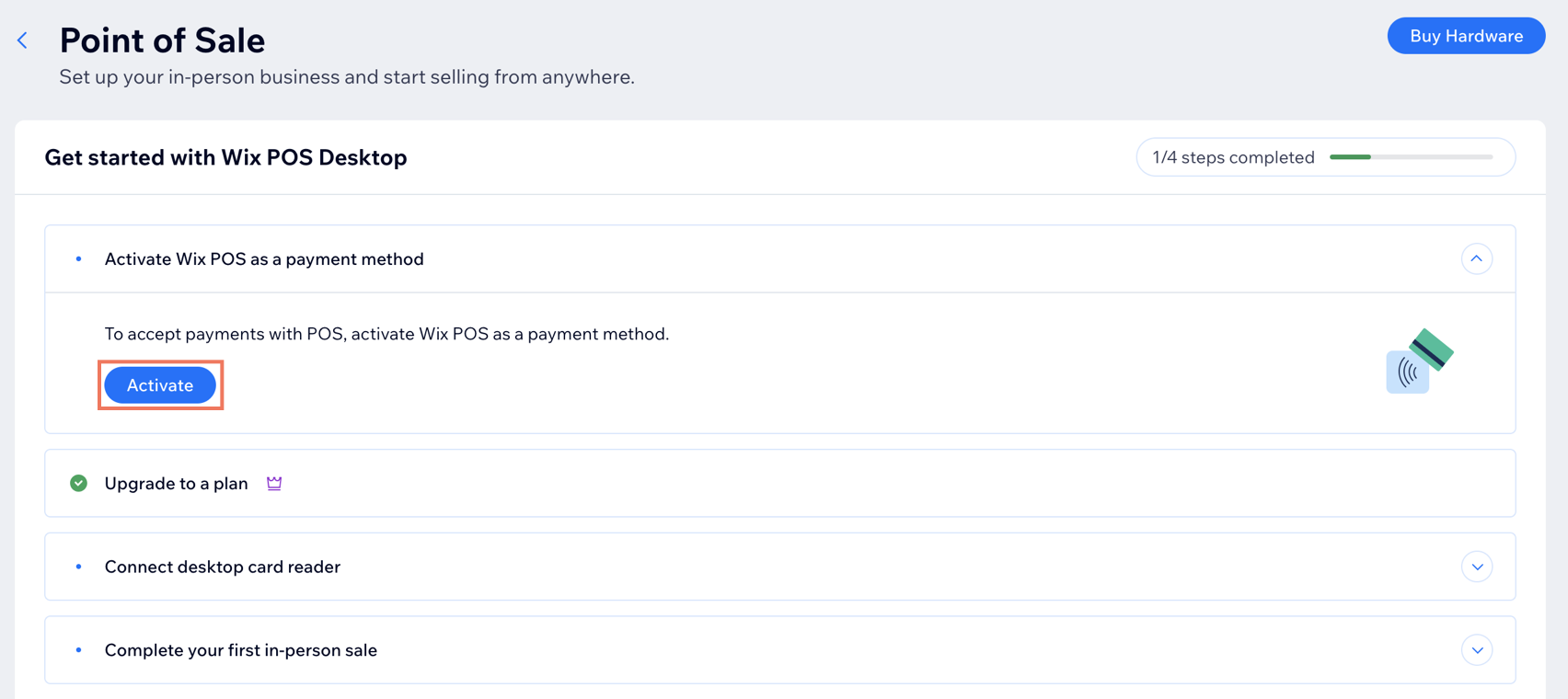 The POS Dashboard. It shows the option to activate Wix POS as a payment method