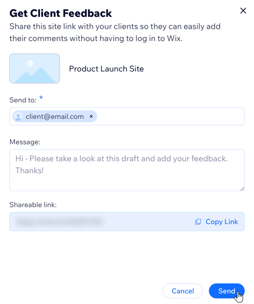 Screenshot of the Get Feedback pop-up, where you can request site feedback from a specific email.