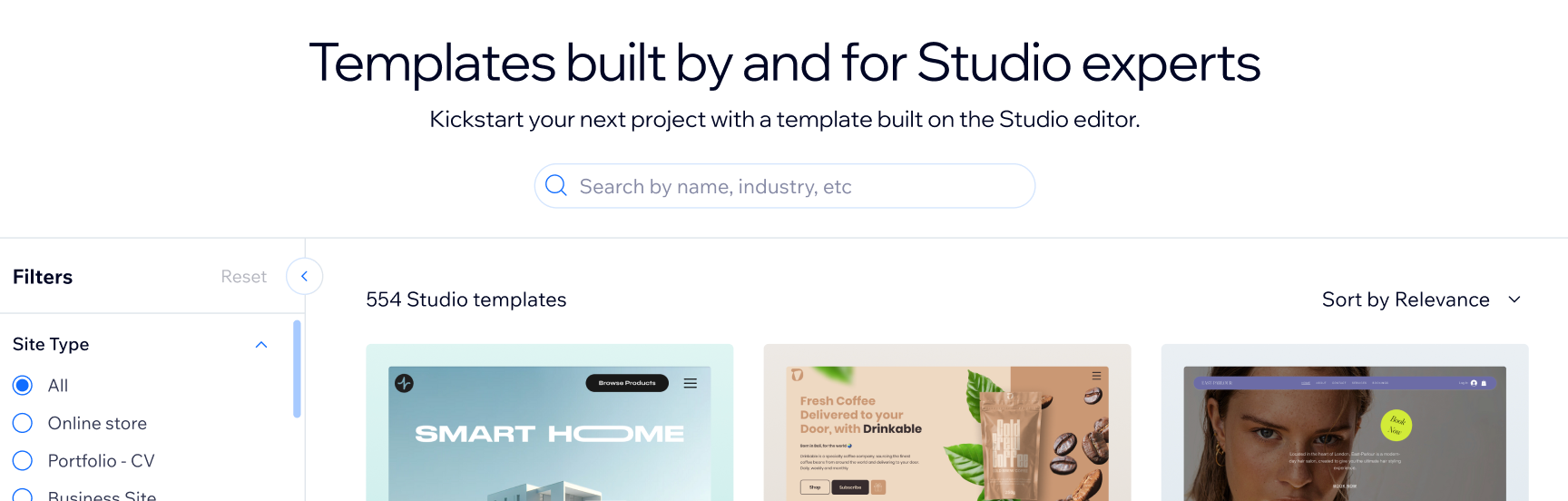 Afbeelding van de Studio Templates-pagina in de Wix Marketplace
