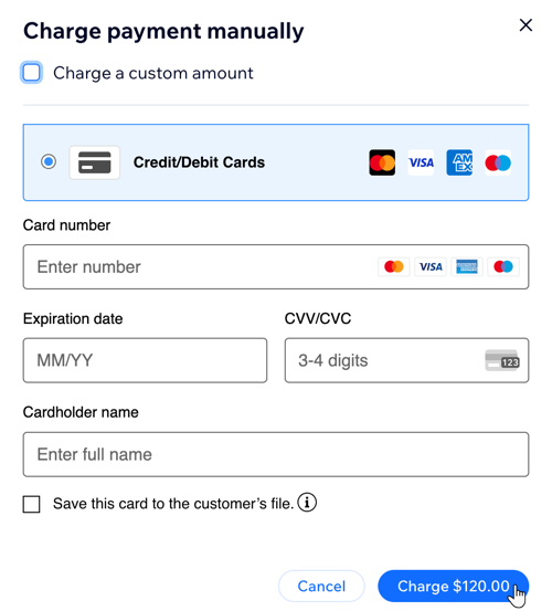 Captura de tela do pop-up em que você insere manualmente as informações do cartão de um cliente