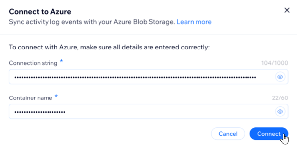 Uma captura de tela mostrando como conectar seu registro de atividades ao Azure no painel de controle empresarial.