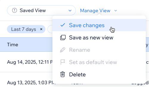 Captura de tela da opção Salvar alterações no dropdown Gerenciar visualização no registro de atividades do painel de controle empresarial.