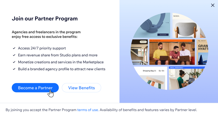 A screenshot of joining the partner program and becoming a Wix Partner.