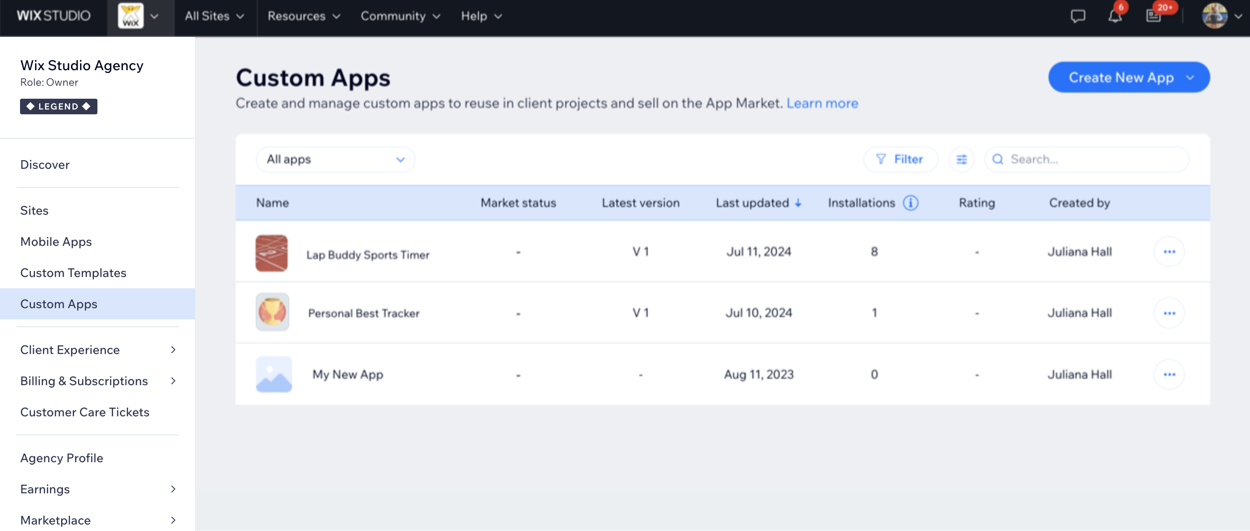 צילום מסך שמראה את הלשונית Custom Apps בסביבת העבודה של Wix Studio