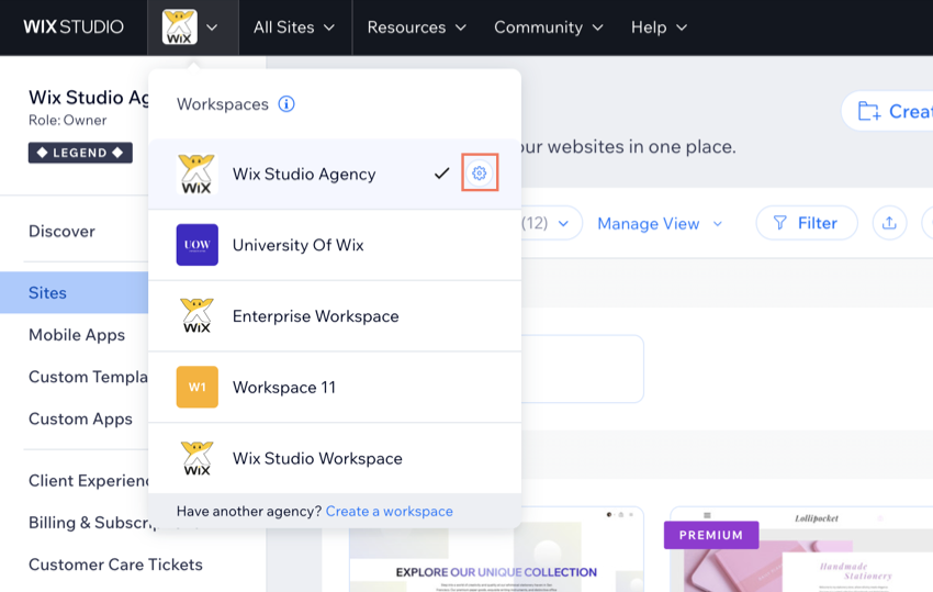 A screenshot of clicking on the settings icon next to a workspace.