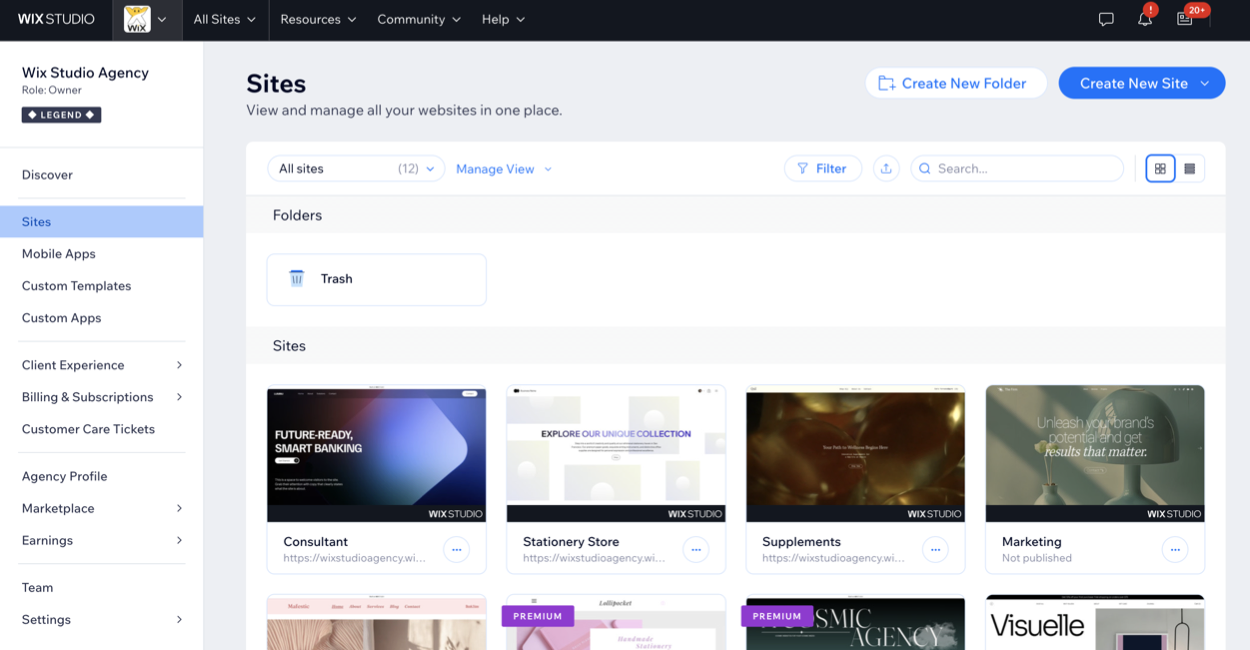 צילום מסך של העמוד Sites ב-Wix Studio.