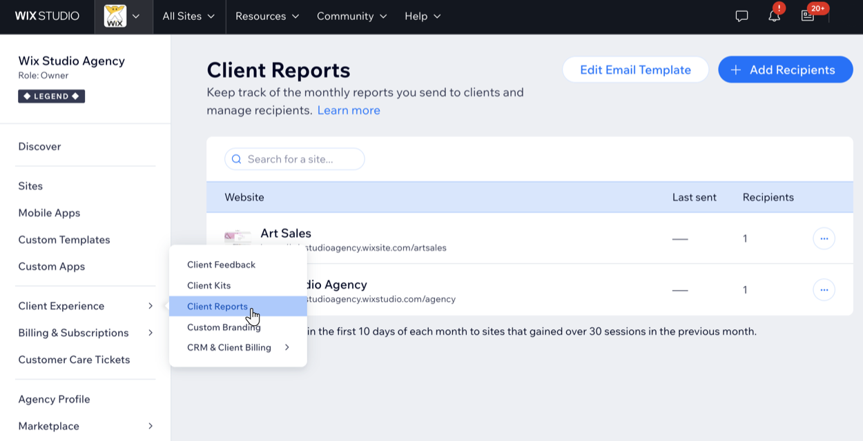 צילום מסך של לחיצה על Client Reports בלשונית Client Experience בסביבת העבודה ב-Studio.