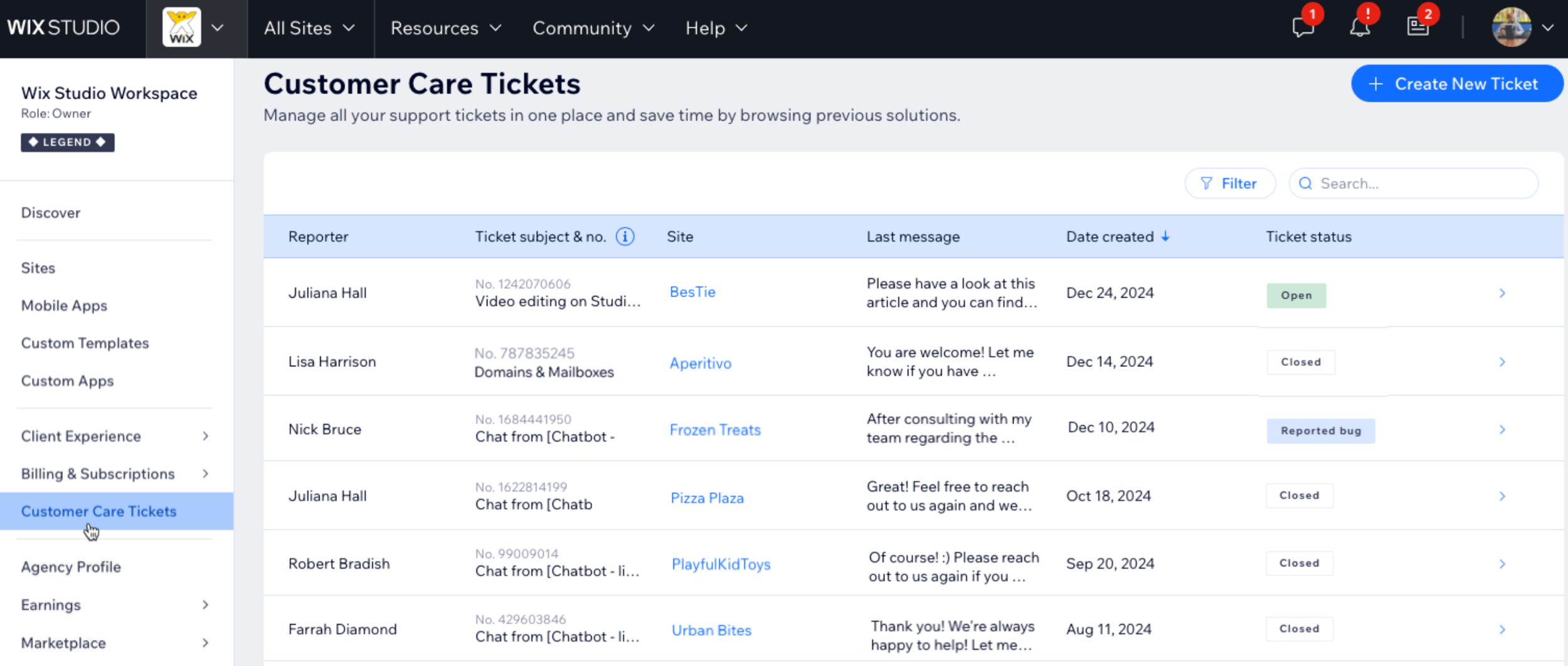 Screenshot dei ticket per l'Assistenza clienti nel tuo spazio di lavoro di Wix Studio
