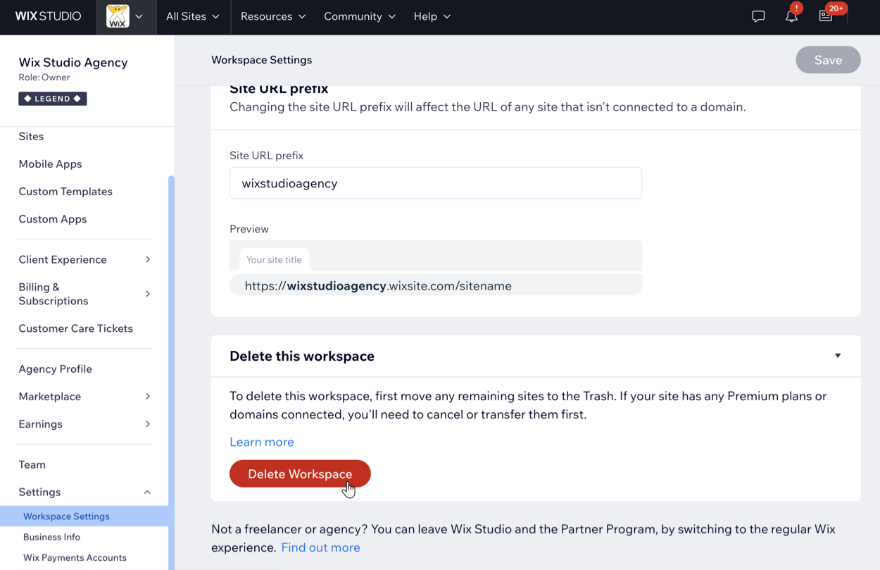 Screenshot dell'eliminazione di uno spazio di lavoro su Wix Studio