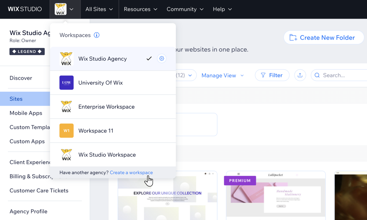 Screenshot del clic su Crea uno spazio di lavoro per creare uno spazio di lavoro in Wix Studio
