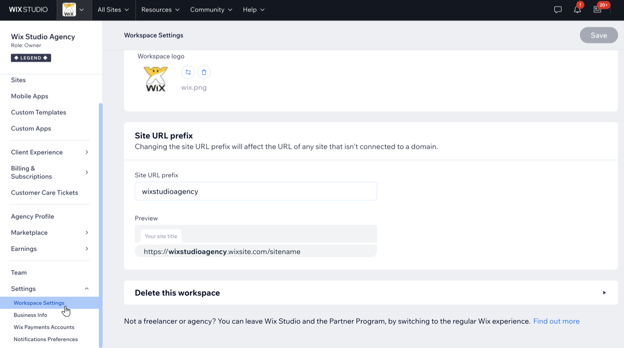 Een screenshot van het Instellingen werkruimte-tabblad in Wix Studio.