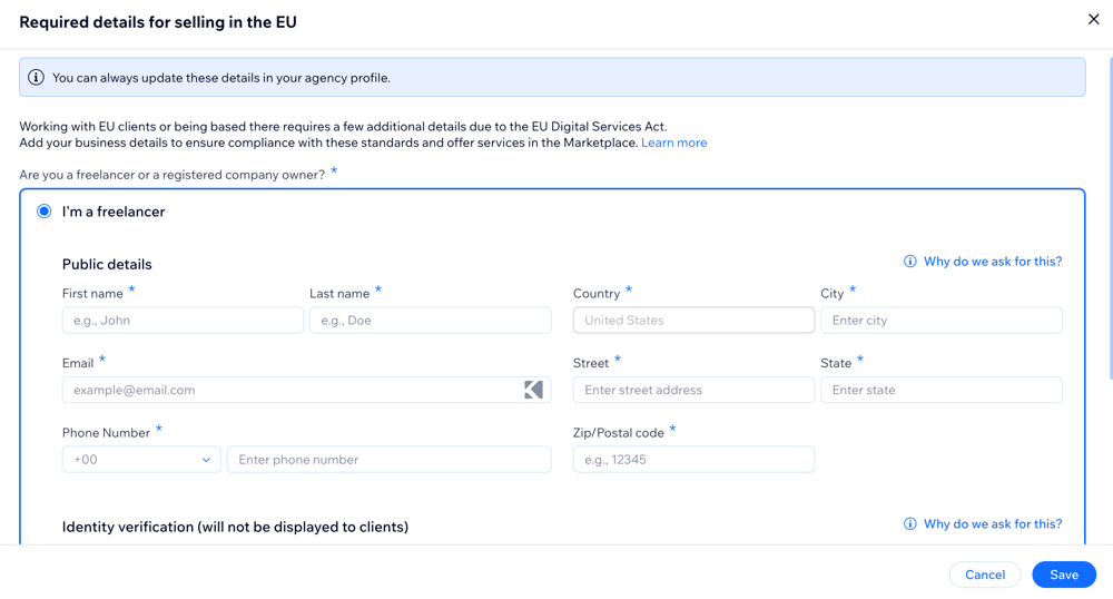 Captura de pantalla del formulario emergente al rellenar los detalles para vender desde y hacia la UE.