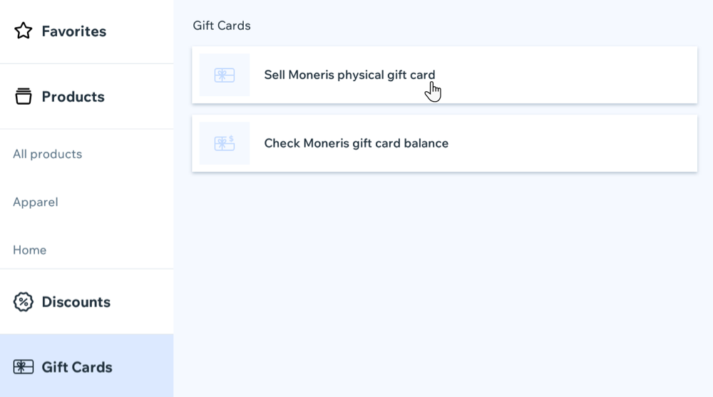 Screenshot of selling Moneris physical gift cards on your POS tablet.