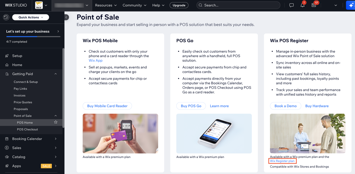 Screenshot of the POS Home tab in a Wix site dashboard, with the link to upgrade to a Wix Register plan.